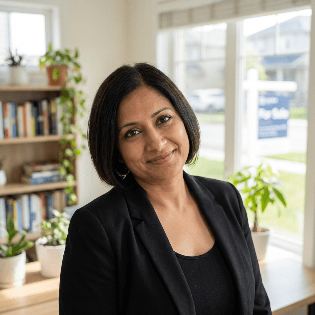 Priya Sharma, female homeowner in her early 40s, South Asian, neat professional appearance suitable for residential client